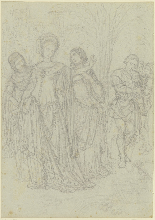 Ungedeutete Szene: Fürstin mit einem Rosenkranz am Gürtel, einen Jüngling abweisend à Ferdinand Fellner