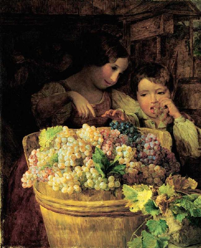 deux enfants à un Buette  rempli avec des raisins à Ferdinand Georg Waldmüller