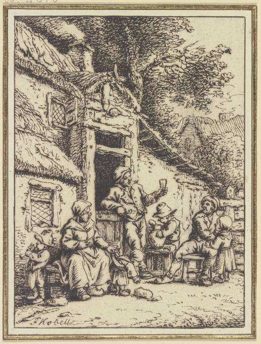 Bauernpaar mit fünf Angehörigen vor einem Haus à Ferdinand Kobell