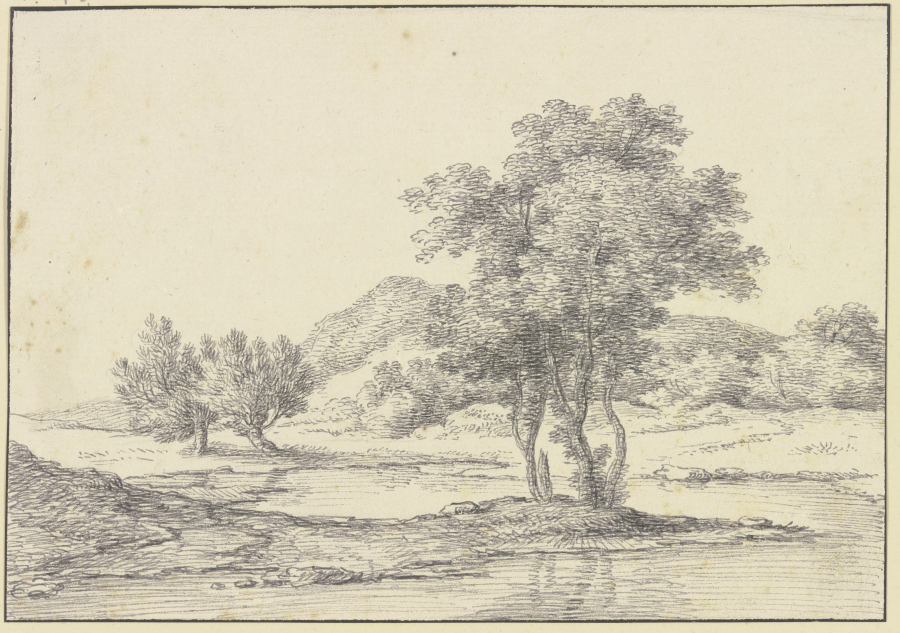 Baumgruppe am Wasser, links zwei Weidenbäume, im Hintergrund Berge à Ferdinand Kobell