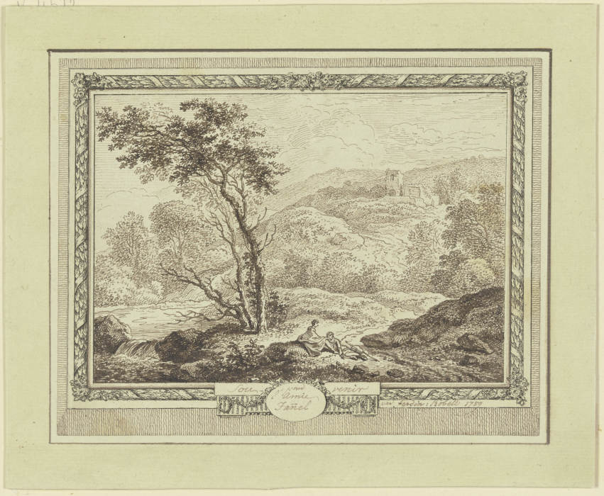 Gebirgslandschaft mit einer Ruine und zwei unter einem Baum ruhenden Wanderern à Ferdinand Kobell