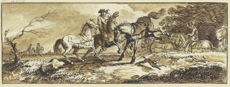 Reiter mit zwei Handpferden, eines schlägt aus, im Hintergrund ein Fuhrwerk und andere Reiter à Ferdinand Kobell