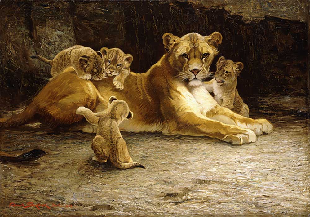 A Lioness with her Cubs, 1913 à Ferdinand Schebek