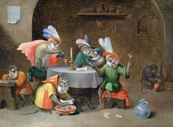 A Tavern Interior with Monkeys drinking and smoking à Ferdinand van Kessel