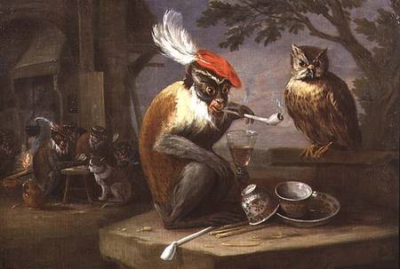 A monkey smoking and drinking with an owl à Ferdinand van Kessel