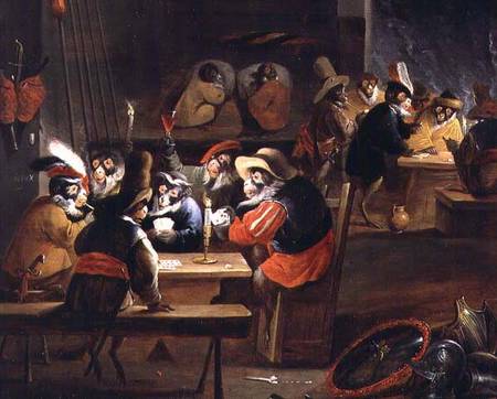 Monkeys in a Tavern, detail of the card game à Ferdinand van Kessel