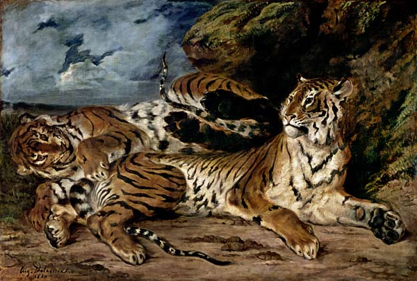 Le jeune tigre joue avec sa mère à Eugène Delacroix
