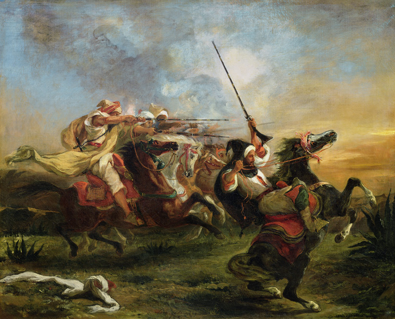 Moroccan horsemen in military action à Eugène Delacroix