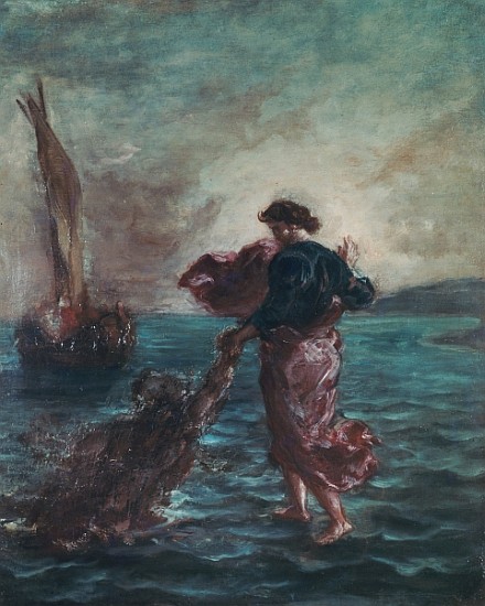 Christ walking on water and reaching out his hand to save Saint Peter à Eugène Delacroix