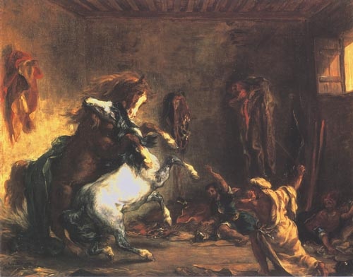 chevaux arabes combattant dans une écurie à Eugène Delacroix