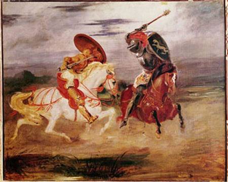 Two Knights Fighting in a Landscape à Eugène Delacroix