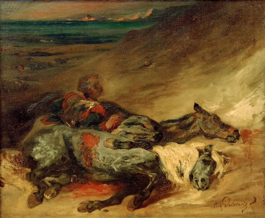 Les deux chevaux morts sur le champ de bataille à Eugène Delacroix