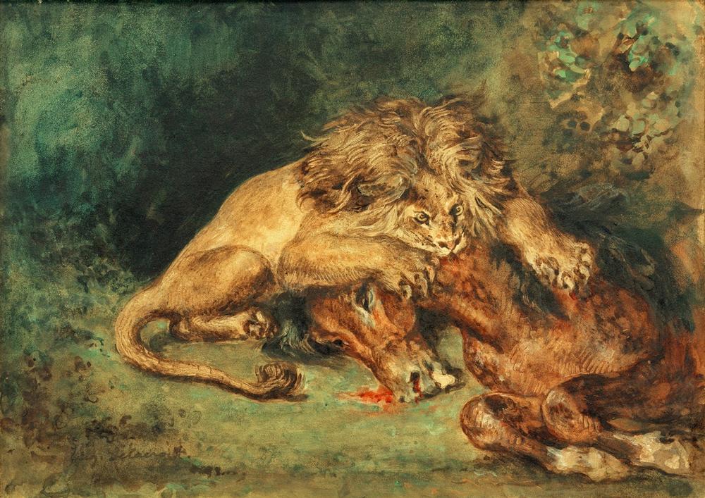 Löwe, ein Pferd reißend à Eugène Delacroix
