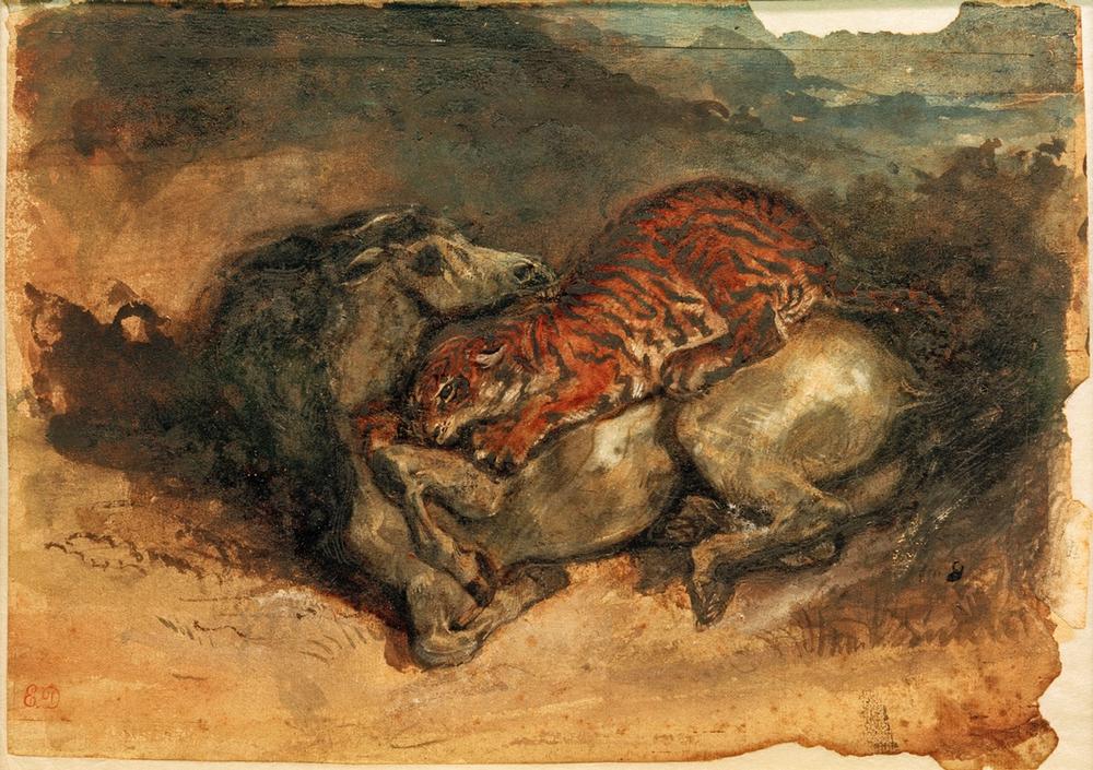Tiger, ein Pferd anfallend à Eugène Delacroix