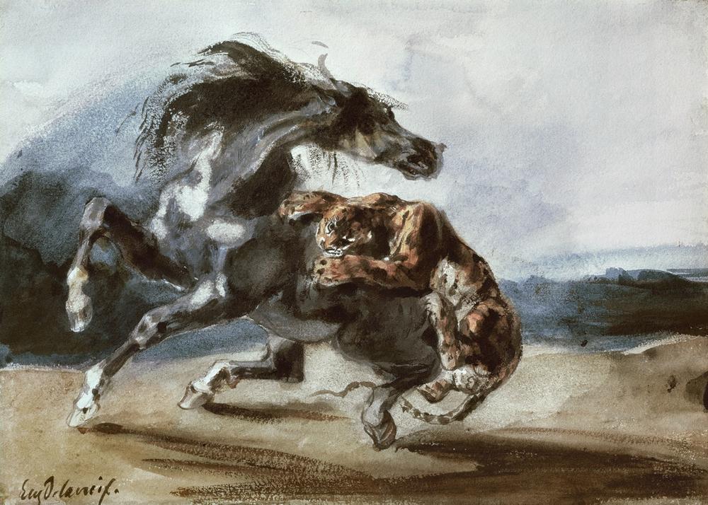 Tiger Attacking a Wild Horse à Eugène Delacroix