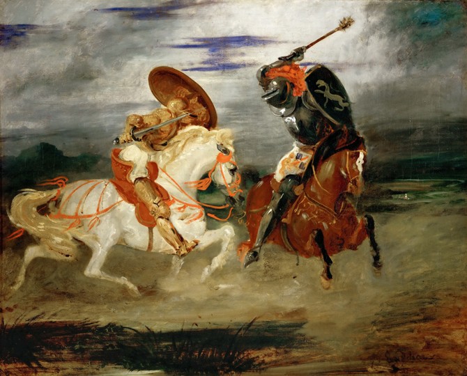 Knights Fighting in the Countryside à Eugène Delacroix