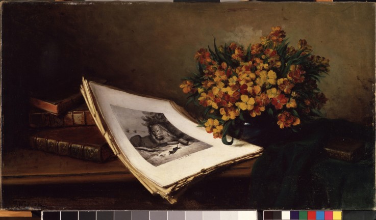 Still life with a lithograph à Ferdinand Wagner