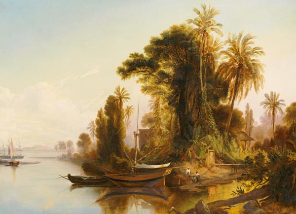 Paysage de fleuve au Vénézuéla dans la lumière de soir. à Ferdinand Bellermann