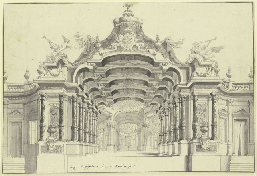 Eine große Halle mit einem Baldachin überbaut, unter welchem ein Wappen zu sehen ist, rechts und lin à Ferdinando Bibièna