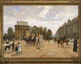 Die Life Guards passieren Hyde Park Corner, London