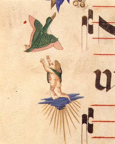 Missal 515 f.13v A cloaked cherub trying to catch a flying bird, from a decorative border à Filippo di Matteo Torelli