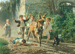 Kinder jagen einen Esel. à Filippo Polizzi