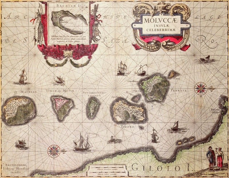 Map of The Moluccan Island; engraved by Jodocus Hondius (colour engraving) à École flamande