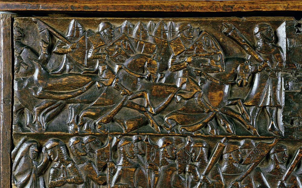 The Courtrai Chest depicting two scenes from the Battle of the Golden Spurs fought in Courtrai in 13 à École flamande