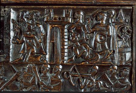 The Courtrai Chest depicting Flemish foot soldiers defeating French cavalry  (detail) à École flamande