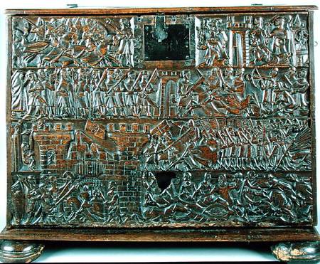 The Courtrai Chest depicting scenes from the Battle of the Golden Spurs fought in Courtrai in 1302 à École flamande