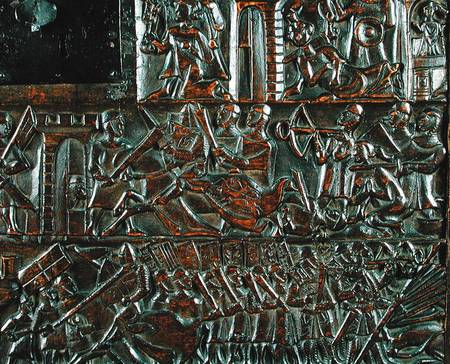The Courtrai Chest depicting the uprising in Bruges on 18th May during the Battle of the Golden Spur à École flamande