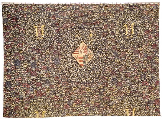 Mille fleurs with the coat of arms of Jacqueline of Luxembourg (b.1439) à École flamande