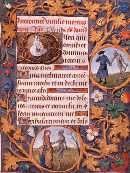 The Triumph of Death: text with historiated capital depicting the devil fighting an angel, with a fl à École flamande