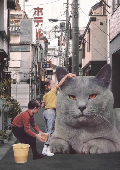 Children washing a giant Cat in Tokyo Streets