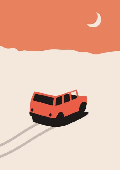 Red Car in Desert with moon