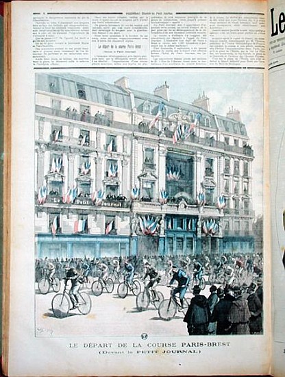 The start of the Paris-Brest bicycle race in front of the offices of ''Le Petit Journal'', illustrat à Fortune Louis Meaulle