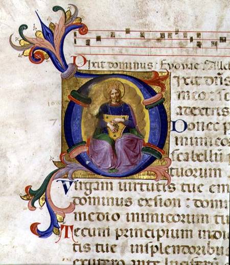 Ms 531 f.169v Historiated initial 'D' depicting King David with his lyre, from a psalter from San Ma à Fra Beato Angelico