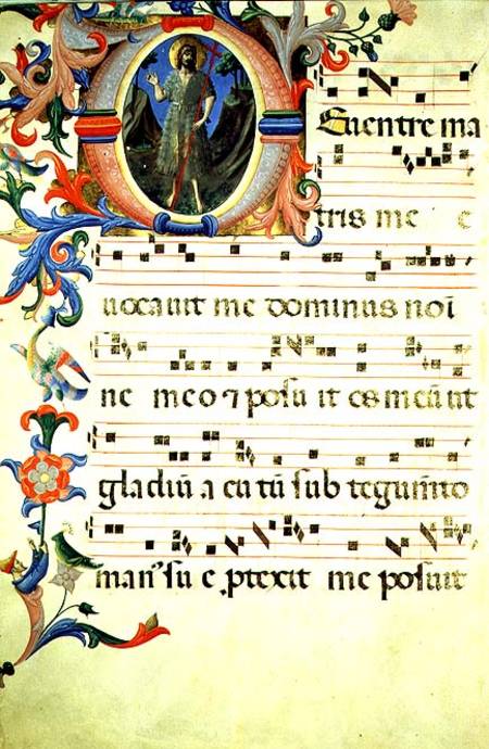 Ms 558 f.55v Page of choral notation with an historiated initial 'O' depicting St. John the Baptist, à Fra Beato Angelico