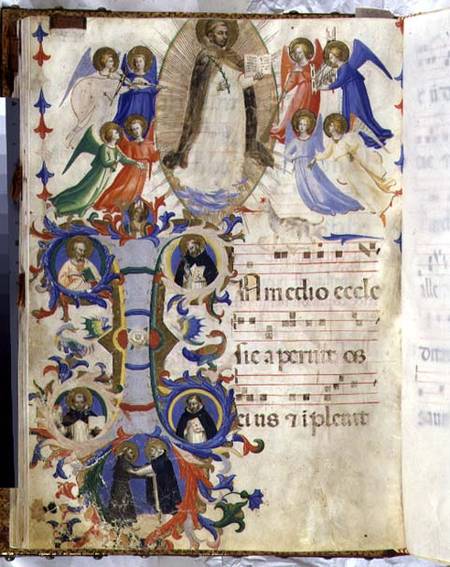 Ms 558 f.67v Page depicting St. Dominic and an historiated initial 'I' from a gradual book from San à Fra Beato Angelico