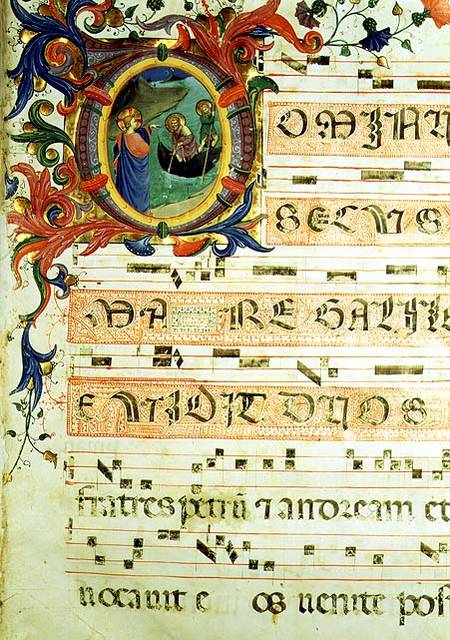 Ms 558 f.9r Historiated initial 'O' depicting the Calling of St. Peter and St. Andrew with musical n à Fra Beato Angelico