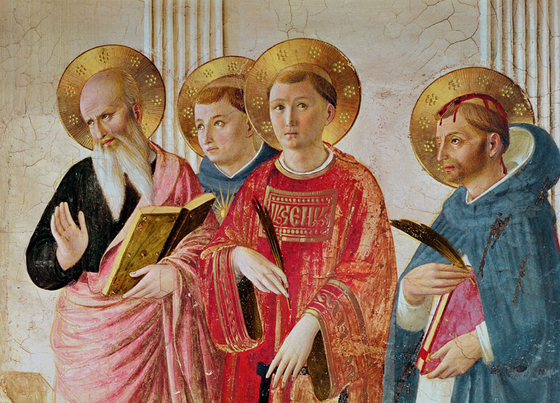 Madonna of the Shadow, detail of Saints John the Evangelist, Thomas Aquinas, Lawrence and Peter Mart à Fra Beato Angelico