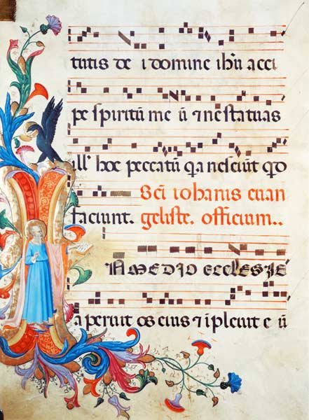 Ms 558 f.13v Historiated initial 'I' depicting St. John the Evangelist, with page of musical notatio à Fra Beato Angelico
