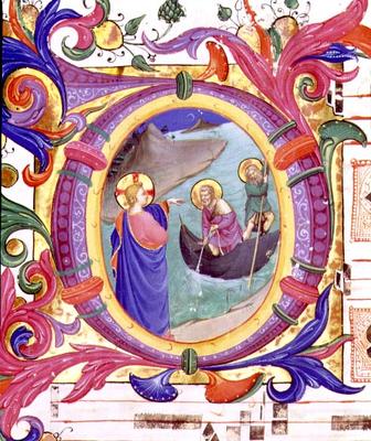 Missal 558 f.9r Historiated initial 'O' depicting the Miraculous Draught of Fishes (detail of 88928) à Fra Beato Angelico