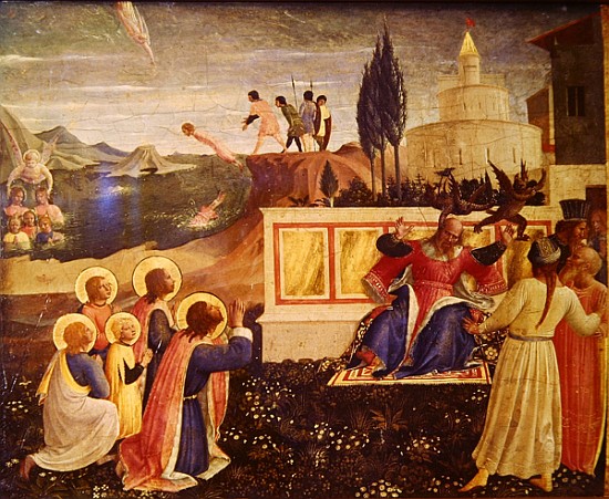 Saints Cosmas and Damian are thrown into the sea; demons escape from the mouth of the proconsul Lysi à Fra Beato Angelico
