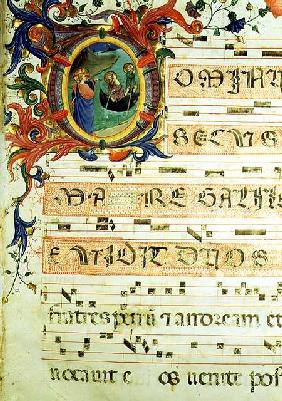 Ms 558 f.9r Historiated initial 'O' depicting the Calling of St. Peter and St. Andrew with musical n