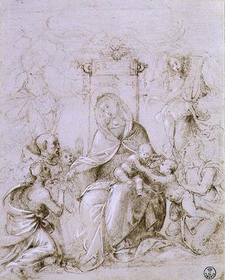 Madonna and Child enthroned with St. John the Baptist presented by an angel and St. Monica (pen and à Fra Bartolommeo