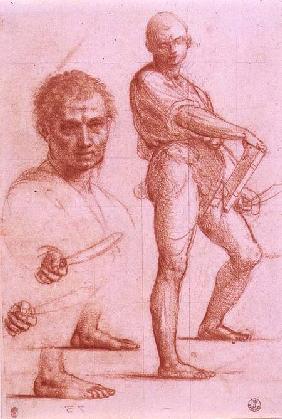 Study of a male holding a sword and a book, the sword and feet rehearsed twice, and a male head