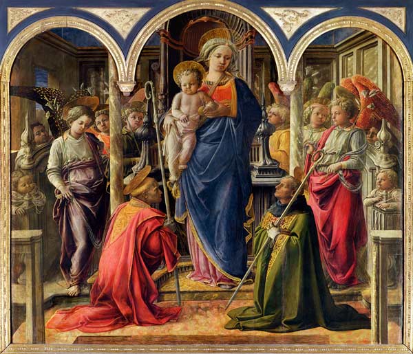 The Barbadori Altarpiece: Virgin and Child surrounded Angels with St. Frediano and St. Augustine à Fra Filippo Lippi