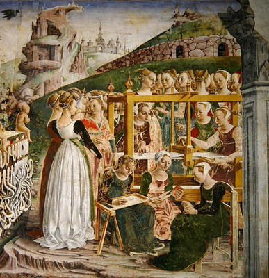 The Triumph of Minerva: March, from the Room of the Months, detail of the weavers, c.1467-70 (fresco à Francesco del Cossa