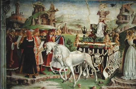 The Triumph of Minerva: March, from the Room of the Months, detail of the chariot and the group of s à Francesco del Cossa